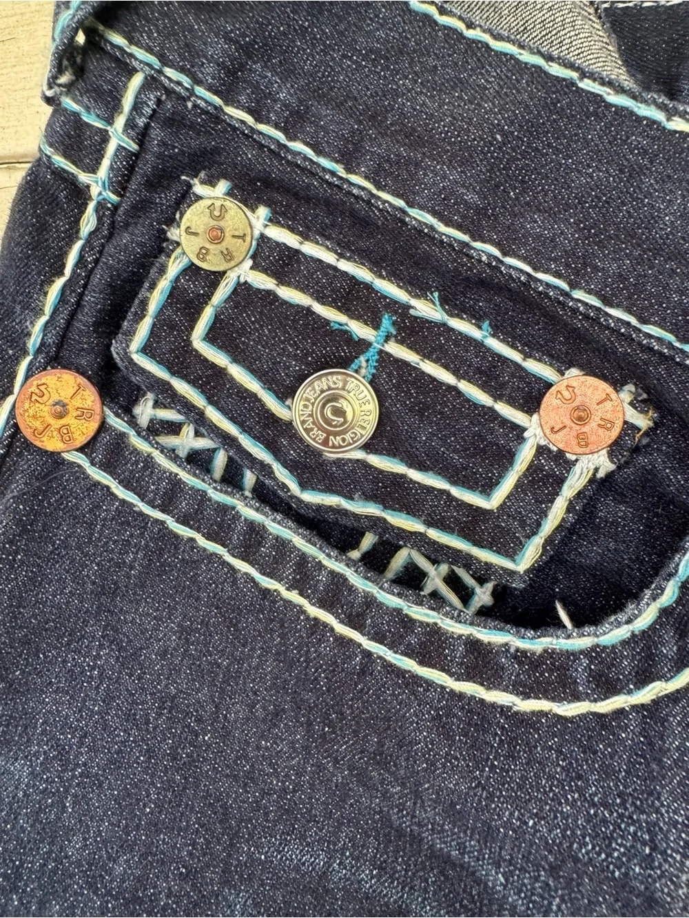 True Religion Men's Joey super T  Blue Straight Jeans with rainbow stitching